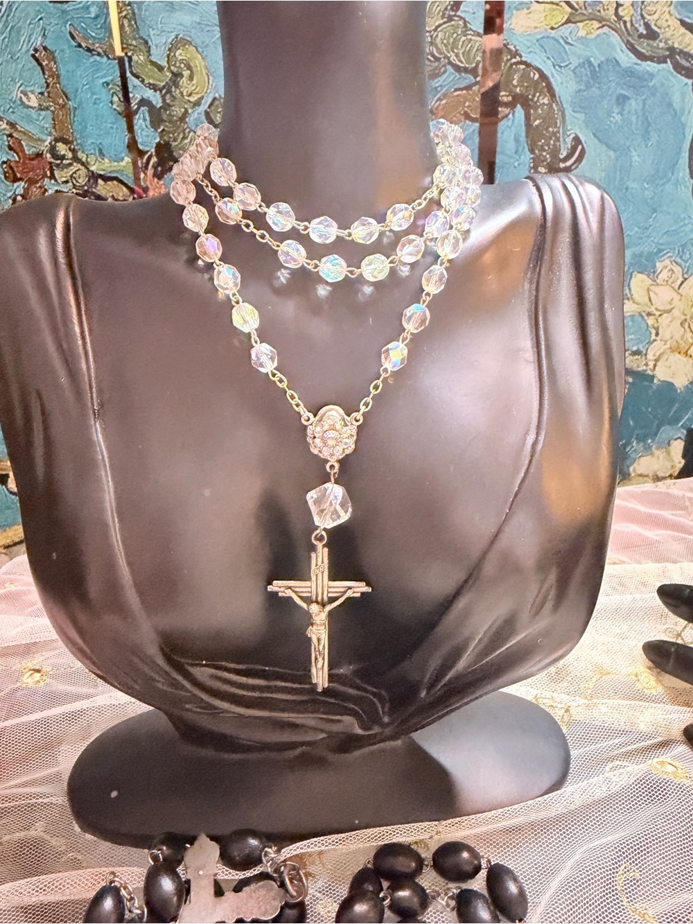 Iridescent Crystal Rosary Necklace with Gold-Tone Crucifix